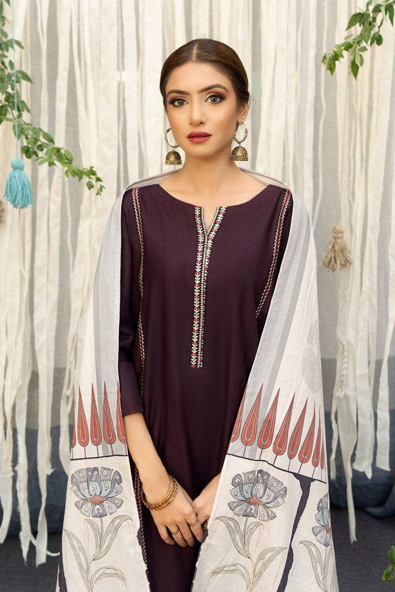 URGE-3PC DHANAK EMBROIDERY SHIRT  WITH COUTURE PRINT SHAWL DUPATTA-BIC-3202