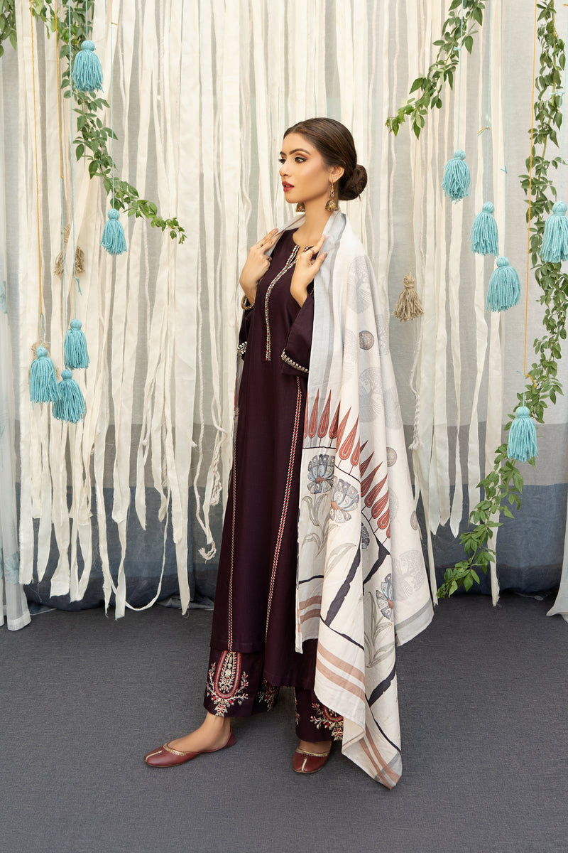 URGE-3PC DHANAK EMBROIDERY SHIRT  WITH COUTURE PRINT SHAWL DUPATTA-BIC-3202
