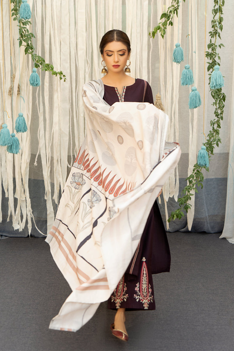 URGE-3PC DHANAK EMBROIDERY SHIRT  WITH COUTURE PRINT SHAWL DUPATTA-BIC-3202