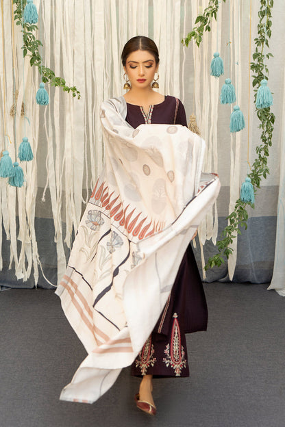 URGE-3PC DHANAK EMBROIDERY SHIRT  WITH COUTURE PRINT SHAWL DUPATTA-BIC-3202