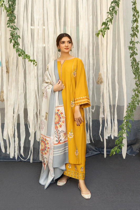 URGE- 3PC DHANAK EMBROIDERED WITH WOOL PRINT SHAWL -BIC-2690