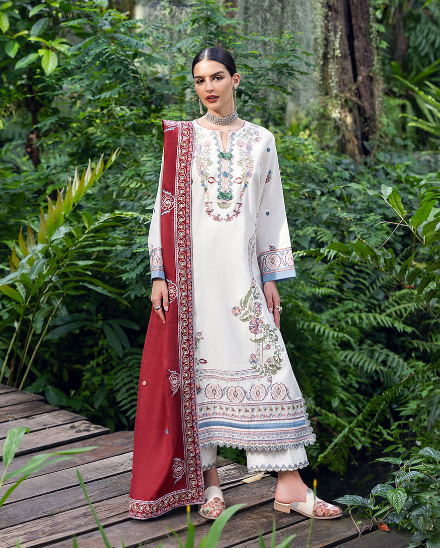 MUSHQ-3PC DHANAK EMBROIDERED SHIRT WITH DHANAK EMBROIDERED SHAWL AND TROUSER-BIC-4418