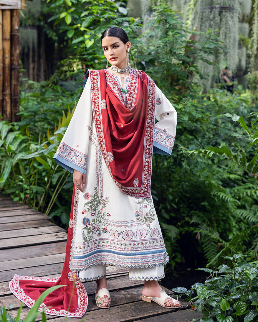 MUSHQ-3PC DHANAK EMBROIDERED SHIRT WITH DHANAK EMBROIDERED SHAWL AND TROUSER-BIC-4418