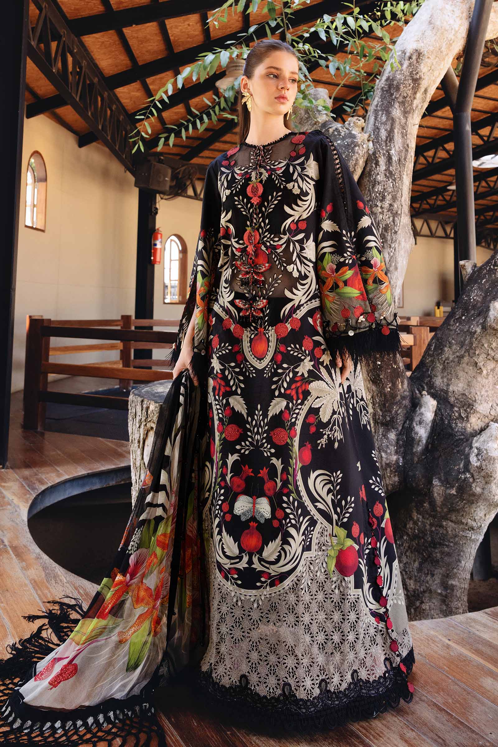 MARIA.B-3PC LAWN EMB PRINTED SHIRT WITH SILK PRINTED DUPATTA & DYED TROUSER-BIC-033