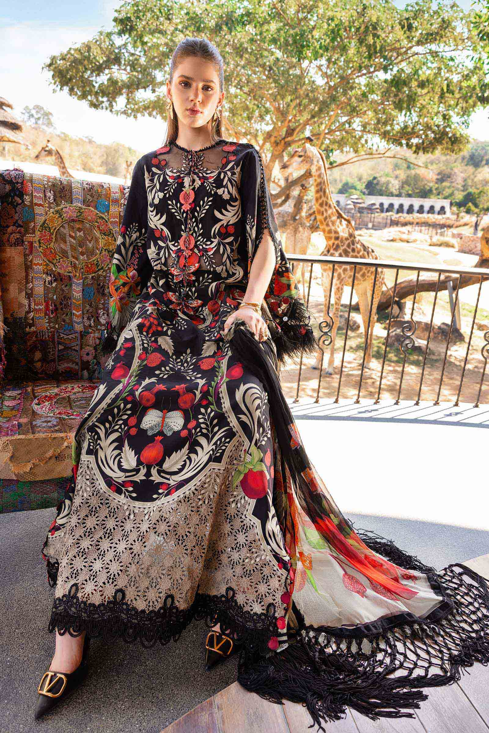 MARIA.B-3PC LAWN EMB PRINTED SHIRT WITH SILK PRINTED DUPATTA & DYED TROUSER-BIC-033