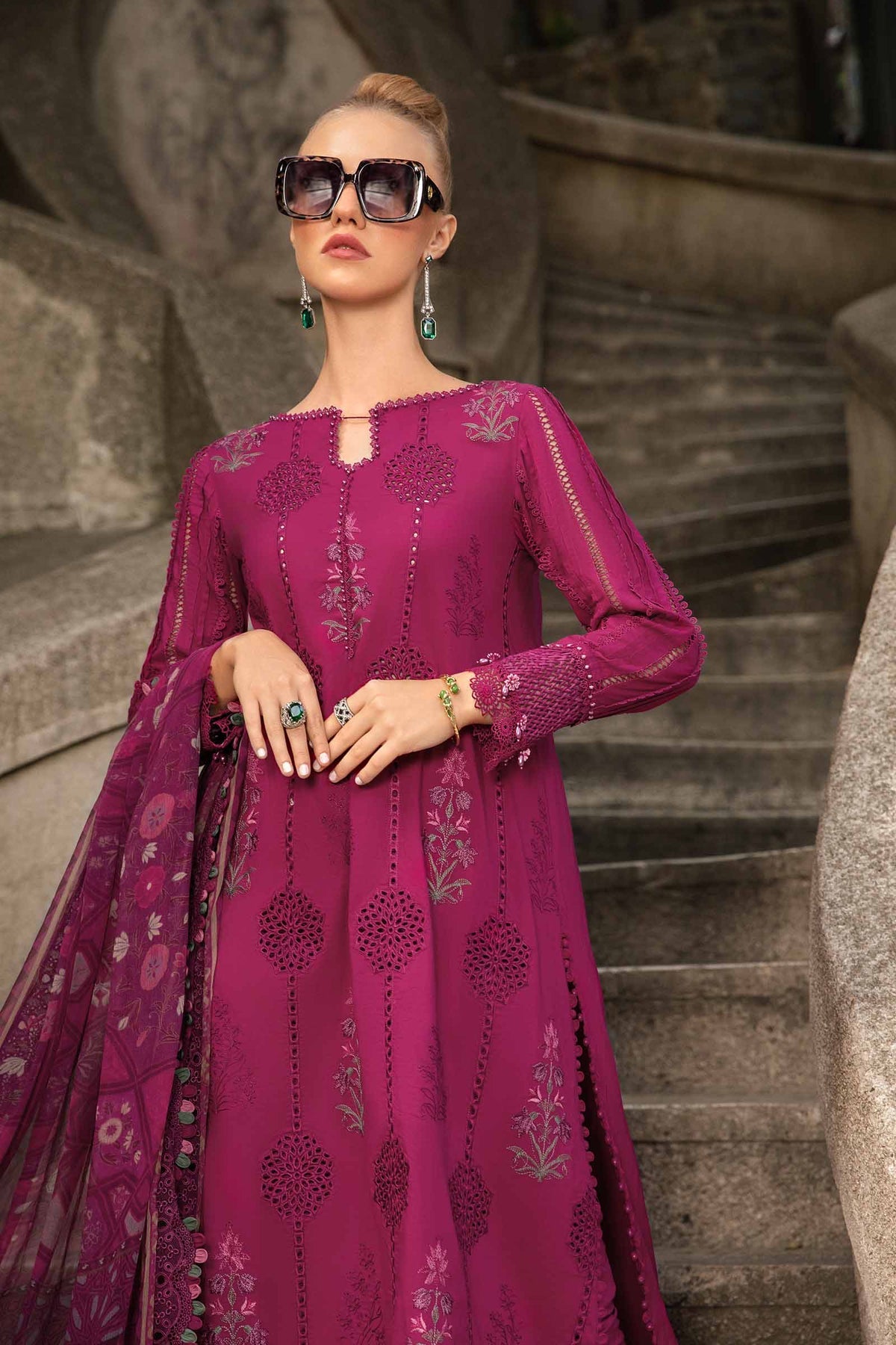 MARIA B- 3PC KHADDAR EMBROIDERED SHIRT WITH WOOL PRINT SHAWL AND TROUSER-BIC-3256