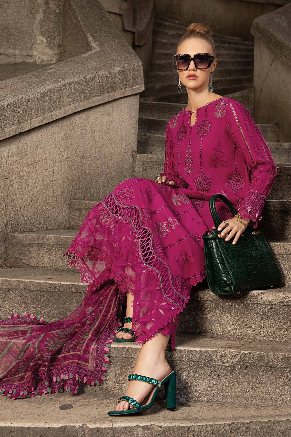 MARIA B- 3PC KHADDAR EMBROIDERED SHIRT WITH WOOL PRINT SHAWL AND TROUSER-BIC-3256