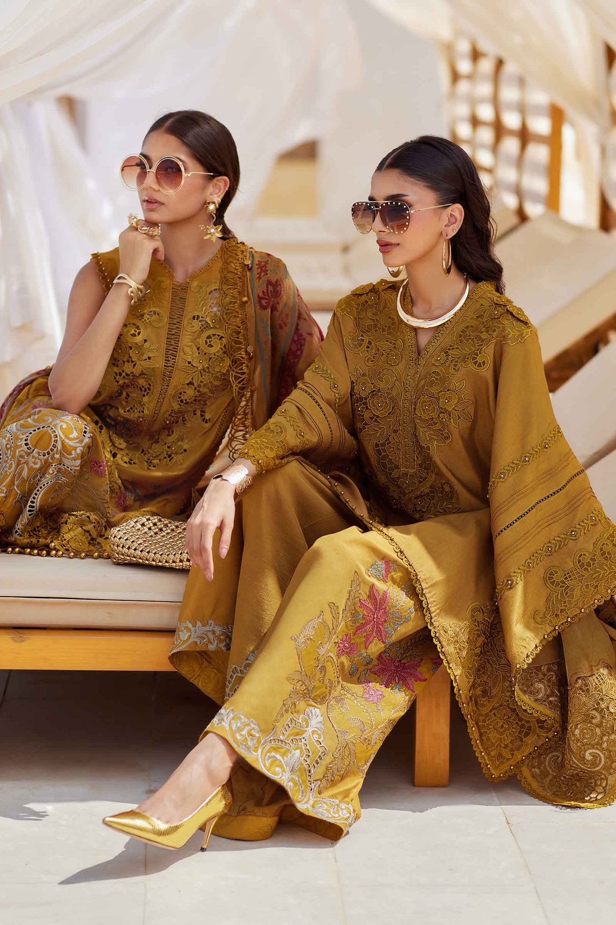 MARIA.B-3PC DHANAK EMBROIDERED SHIRT WITH COUTRAI PRINTED SHAWL AND TROUSER-BIC-5216