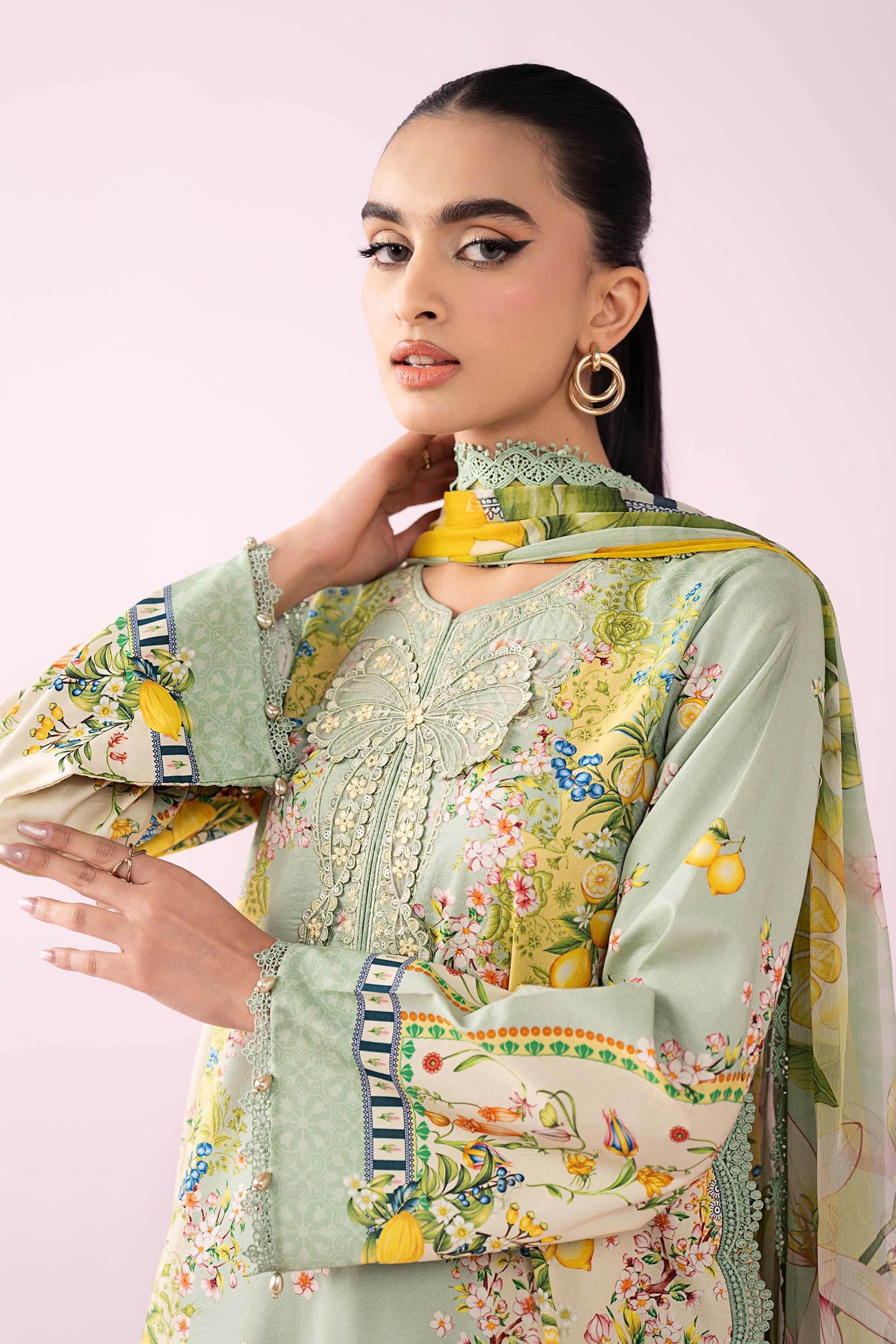 MARIA.B-3PC LAWN PRINTED EMB SHIRT WITH SILK PRINTED DUPATTA AND TROUSER-BIC-037