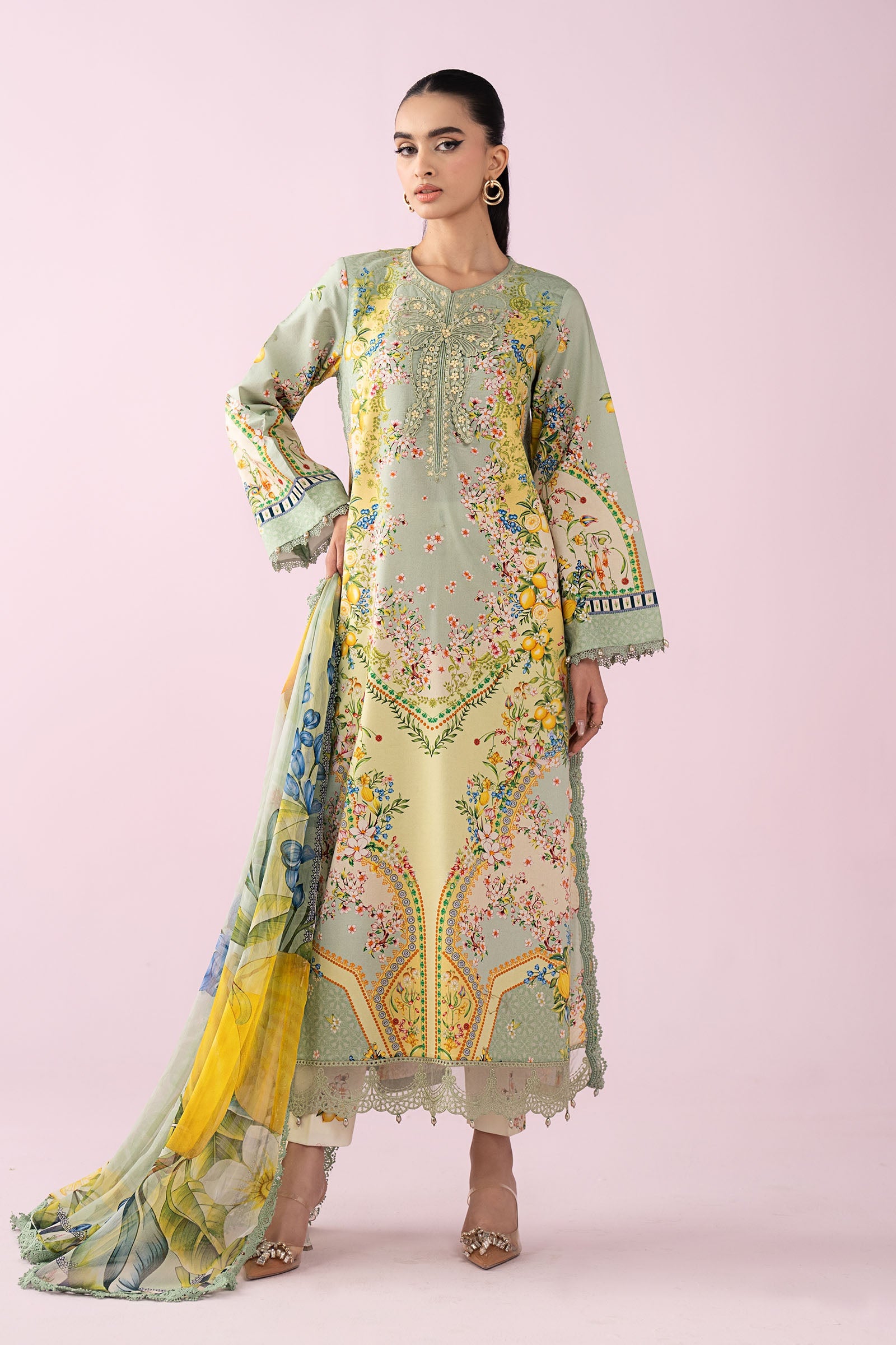 MARIA.B-3PC LAWN PRINTED EMB SHIRT WITH SILK PRINTED DUPATTA AND TROUSER-BIC-037
