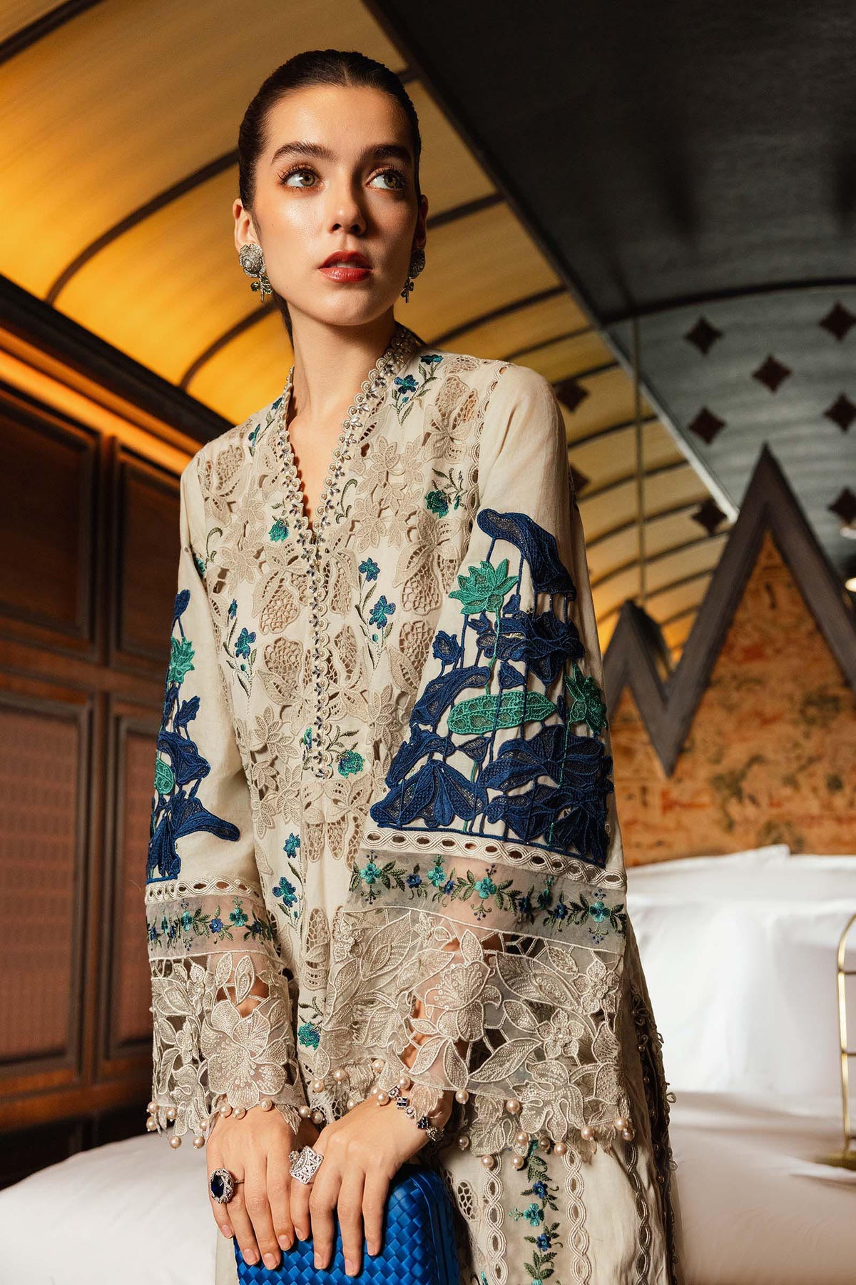MARIA.B-3PC KHADDAR LASERWORK EMBROIDERED SHIRT WITH COURTRAI PRINTED SHAWL AND TROUSER-BIC-5192
