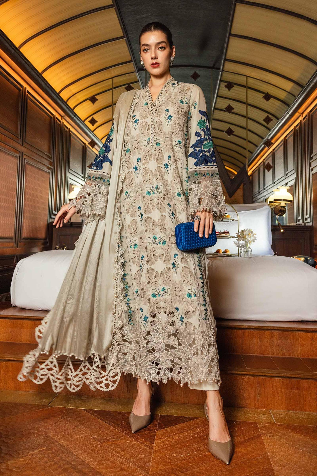 MARIA.B-3PC KHADDAR LASERWORK EMBROIDERED SHIRT WITH COURTRAI PRINTED SHAWL AND TROUSER-BIC-5192