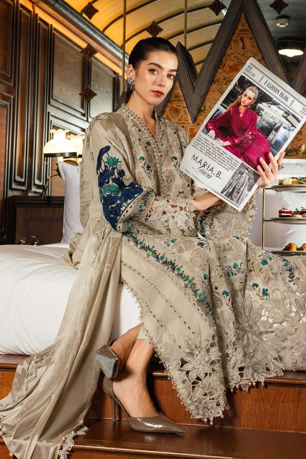 MARIA.B-3PC KHADDAR LASERWORK EMBROIDERED SHIRT WITH COURTRAI PRINTED SHAWL AND TROUSER-BIC-5192