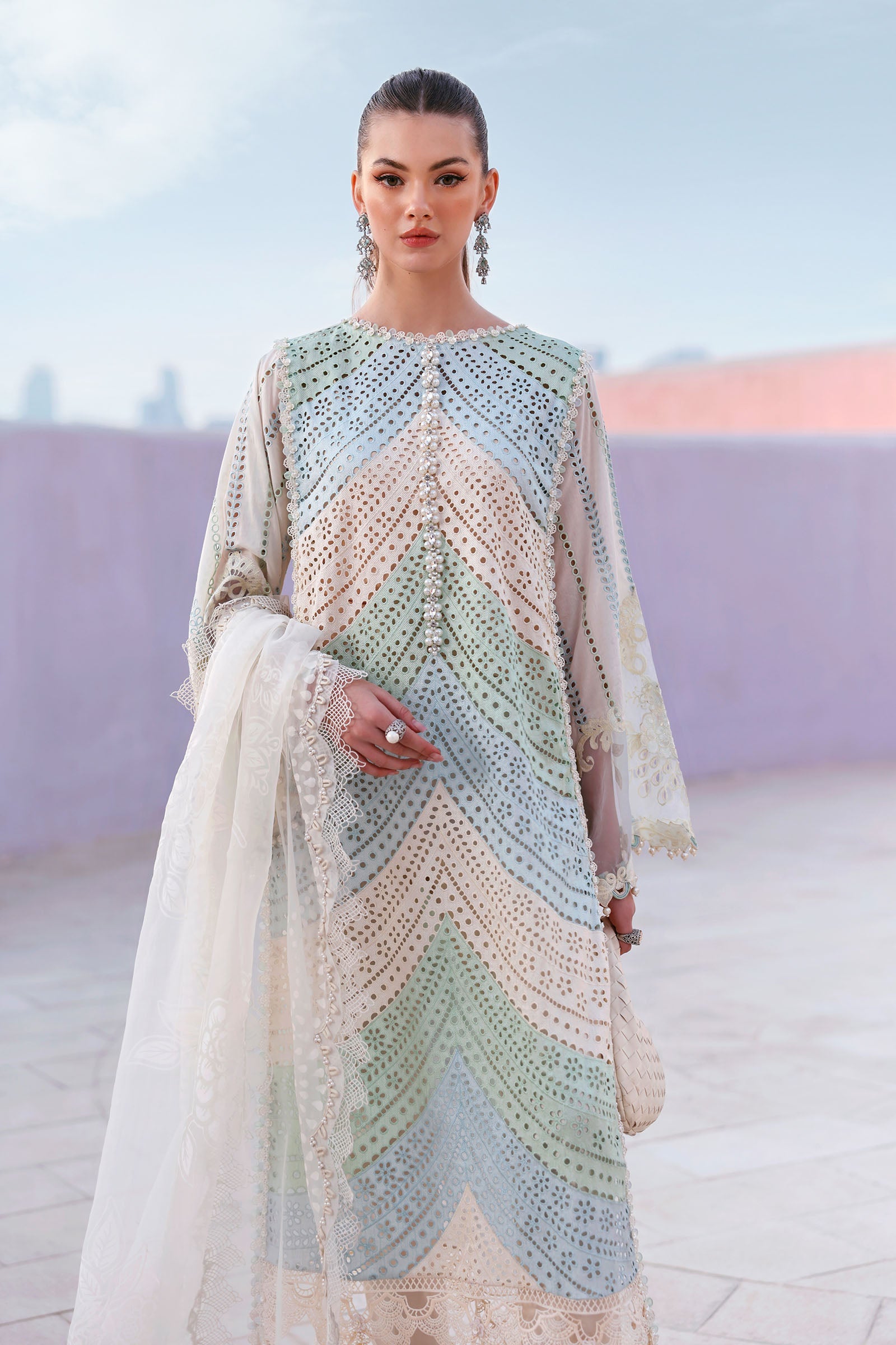 MARIA B-3PC LAWN MULTIPLE SHADES CHIKAN EMBROIDERED SHIRT WITH SELF JACQUARD  EMBROIDERED DUPATTA AND EMB TROUSER-BIC-4836