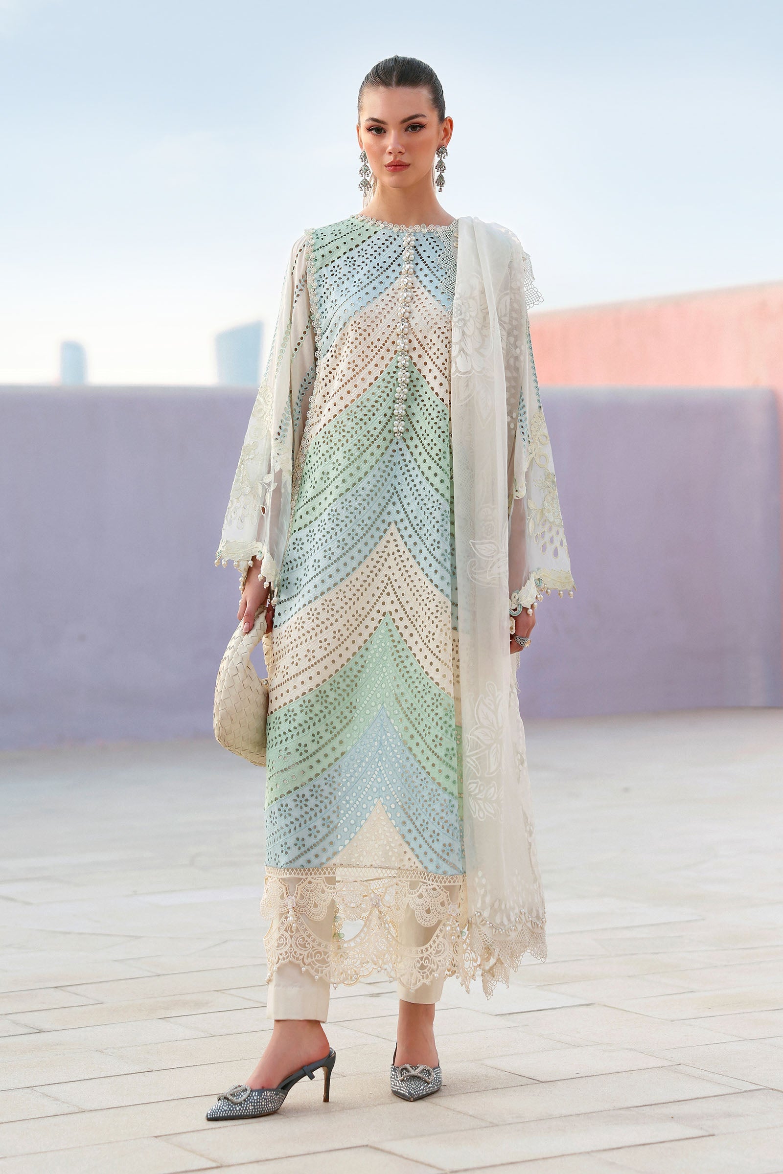 MARIA B-3PC LAWN MULTIPLE SHADES CHIKAN EMBROIDERED SHIRT WITH SELF JACQUARD  EMBROIDERED DUPATTA AND EMB TROUSER-BIC-4836