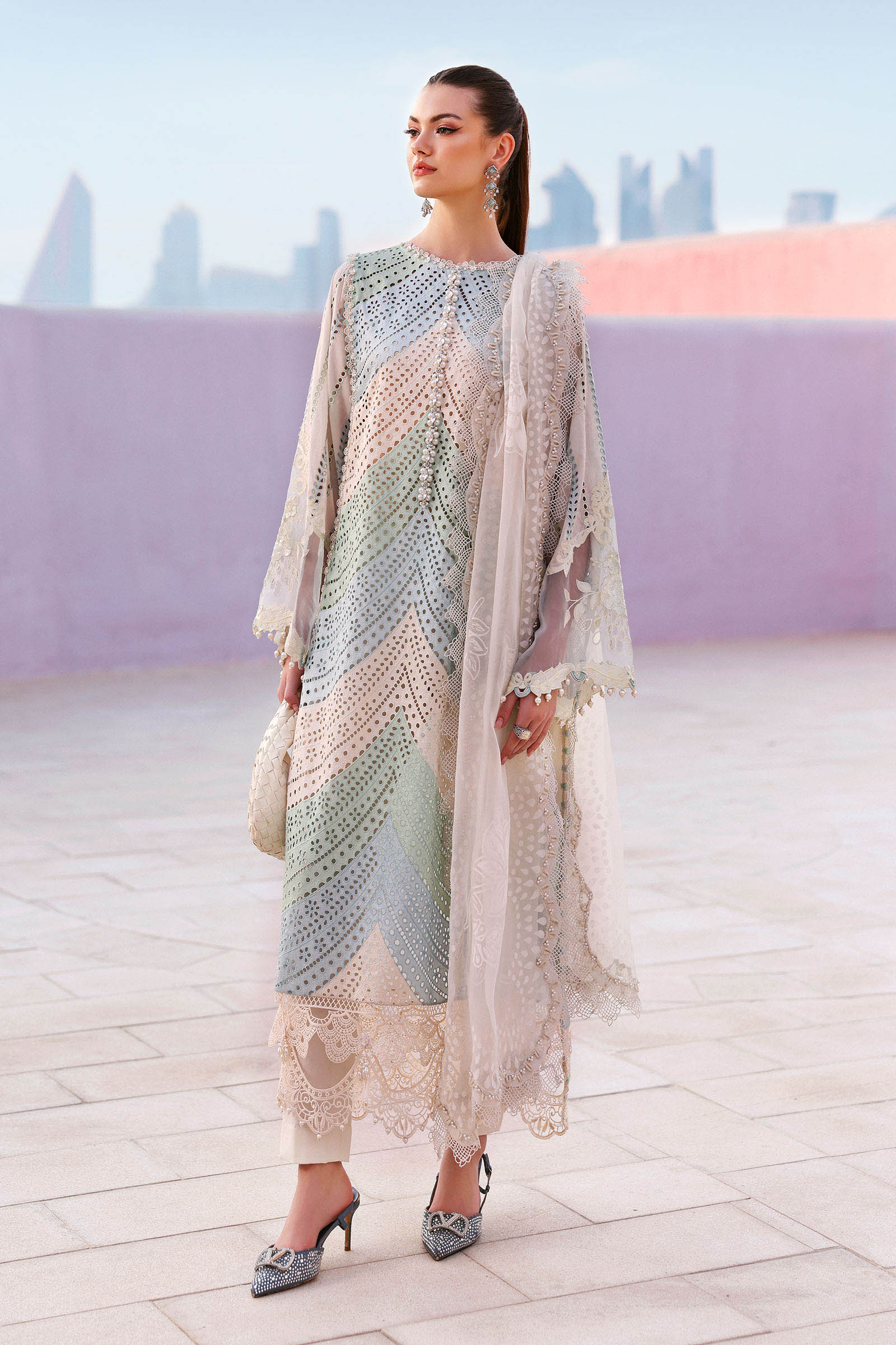 MARIA B-3PC LAWN MULTIPLE SHADES CHIKAN EMBROIDERED SHIRT WITH SELF JACQUARD  EMBROIDERED DUPATTA AND EMB TROUSER-BIC-4836