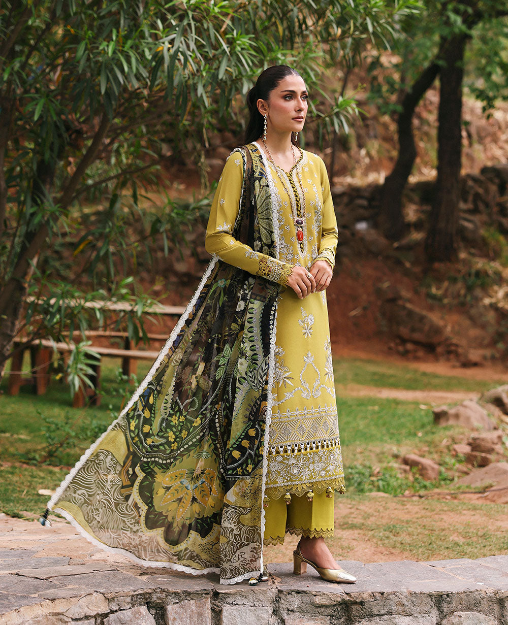 REPUBLIC WOMENSWEAR-3PC DHANAK EMBROIDERED SHIRT WITH COURTRAI PRINTED SHAWL & DHANAK TOUSER-BIC-4240