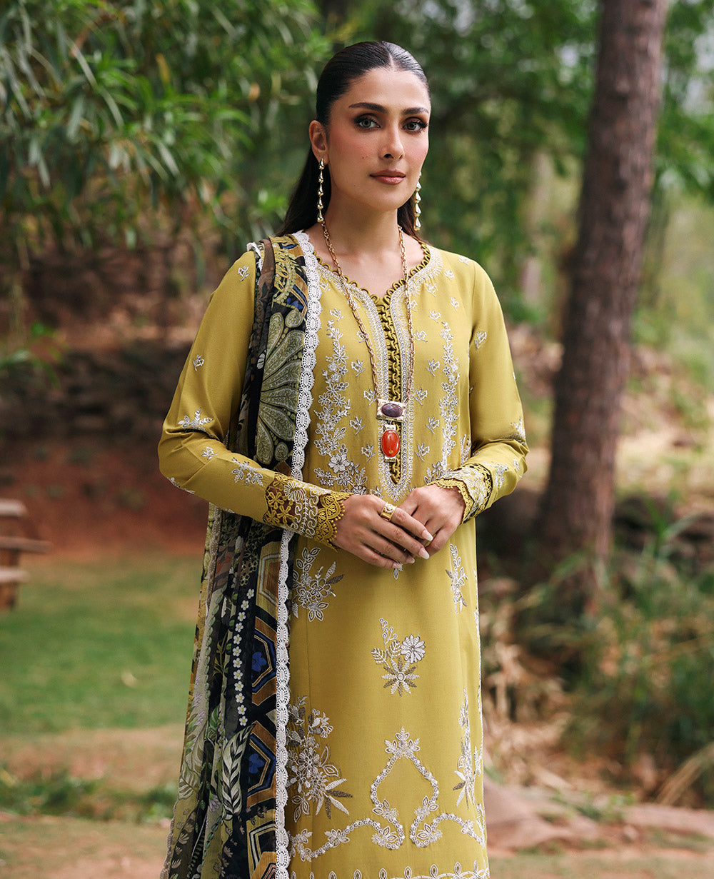 REPUBLIC WOMENSWEAR-3PC DHANAK EMBROIDERED SHIRT WITH COURTRAI PRINTED SHAWL & DHANAK TOUSER-BIC-4240
