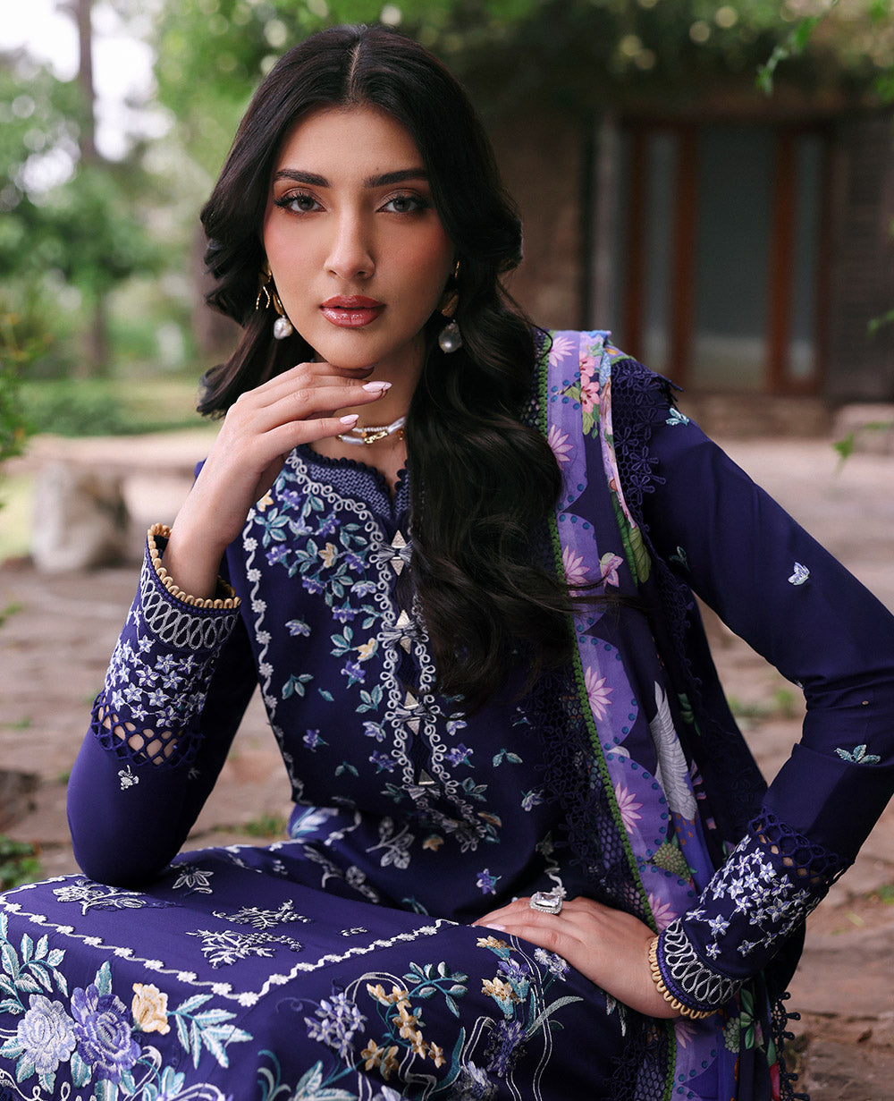 REPUBLIC WOMENSWEAR-3PC DHANAK EMBROIDERED SHIRT WITH COURTRAI PRINTED SHAWL & EMB TOUSER-BIC-4253