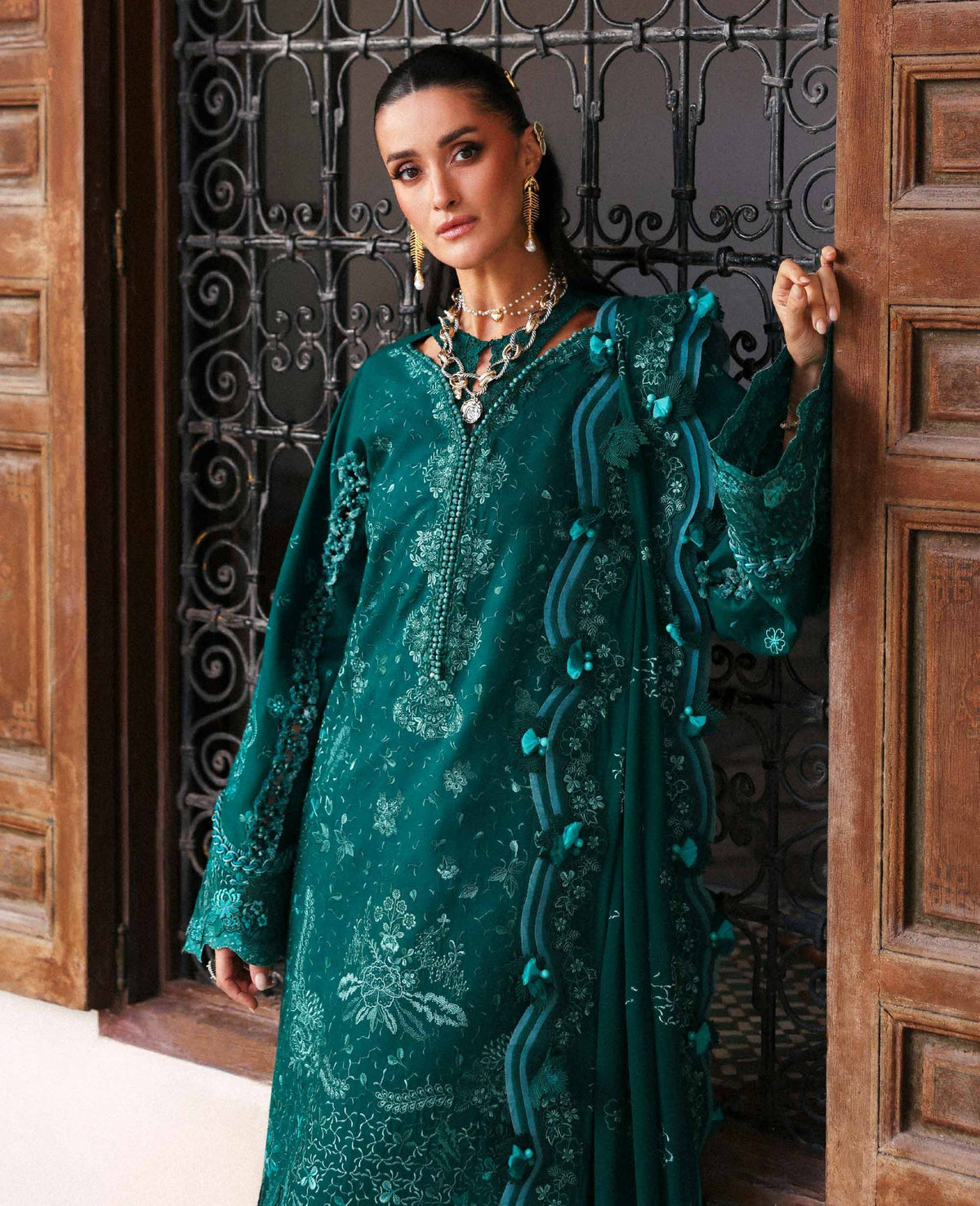 REPUBLIC WOMENSWEAR-3PC DHANAK EMBROIDERED SHIRT WITH DHANAK EMBROIDERED SHAWL AND TROUSER-BIC-5234