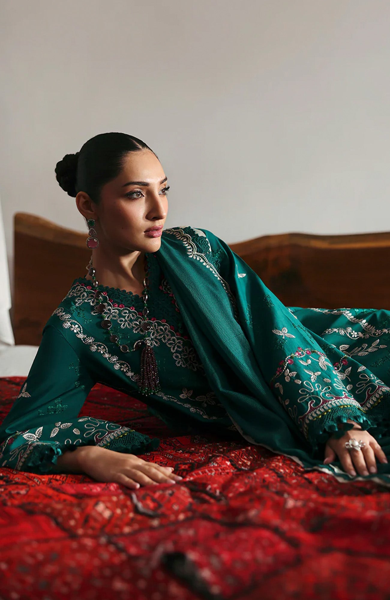 REPUBLIC WOMENSWEAR-3PC DHANAK EMBROIDERED SHIRT WITH COURTRAI PRINTED SHAWL & DHANAK TOUSER-BIC-4251