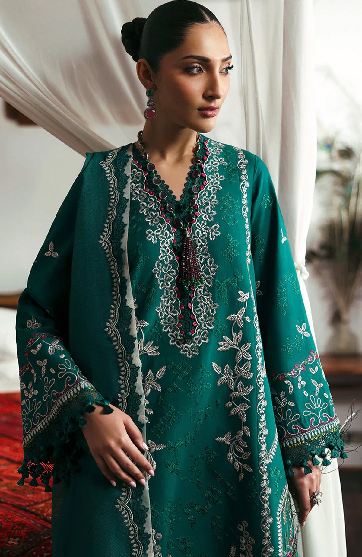 REPUBLIC WOMENSWEAR-3PC DHANAK EMBROIDERED SHIRT WITH COURTRAI PRINTED SHAWL & DHANAK TOUSER-BIC-4251