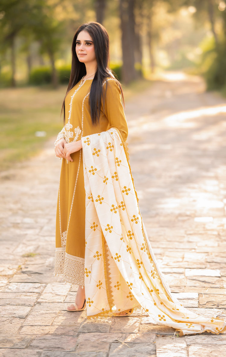 LIBAAS-3PC DHANAK EMBROIDERED SHIRT WITH DHANAK EMBROIDERED SHAWL AND TROUSER BIC-4281