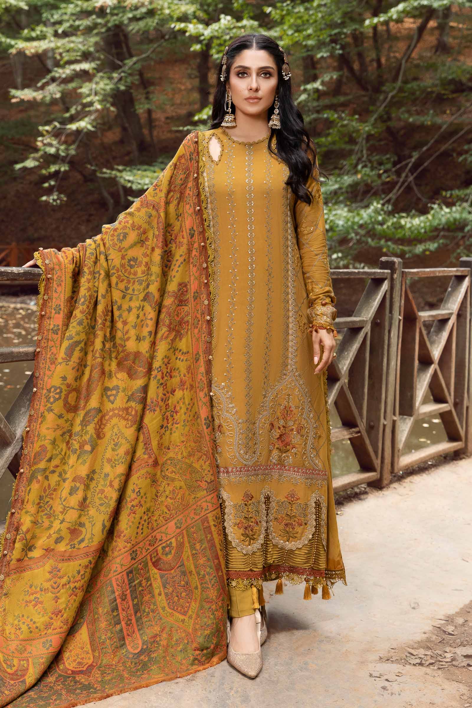 MARIA.B-3PC KARANDI EMBROIDERED SHIRT WITH COURTRAI PRINTED SHAWL AND  TROUSER-BIC-4286
