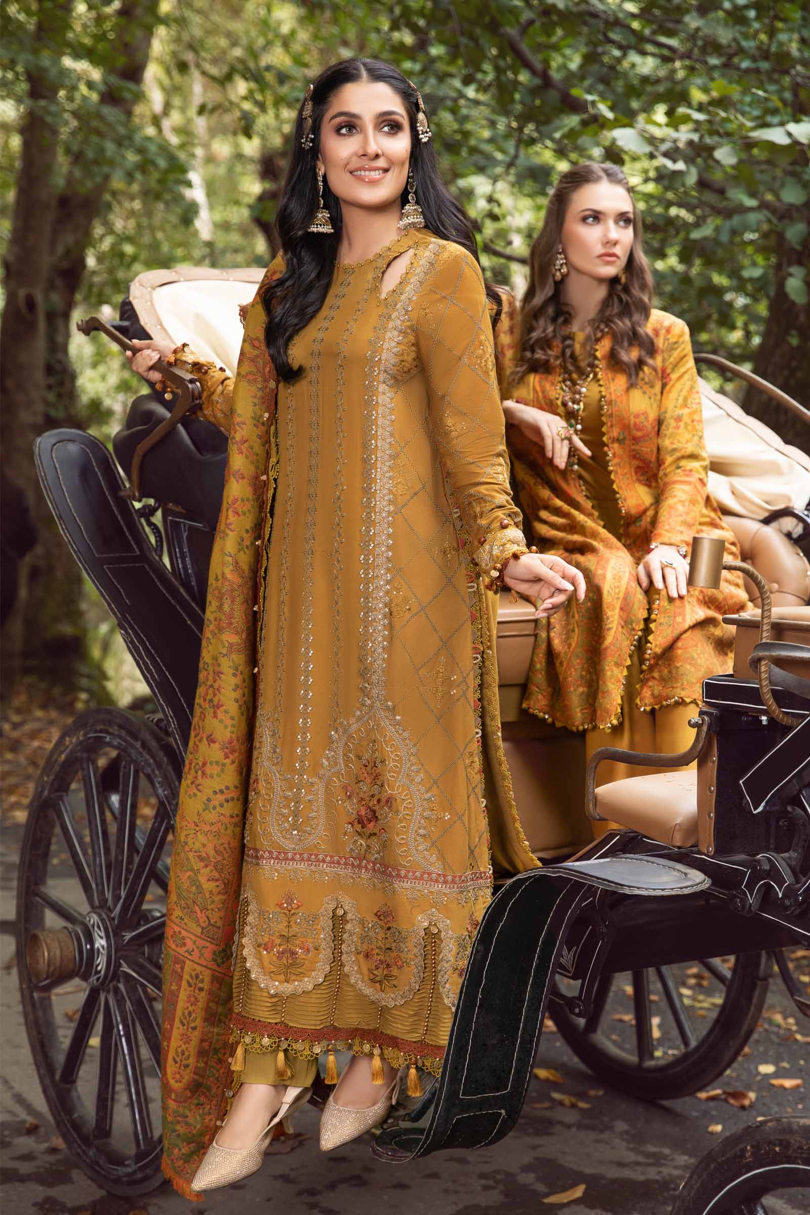MARIA.B-3PC KARANDI EMBROIDERED SHIRT WITH COURTRAI PRINTED SHAWL AND  TROUSER-BIC-4286