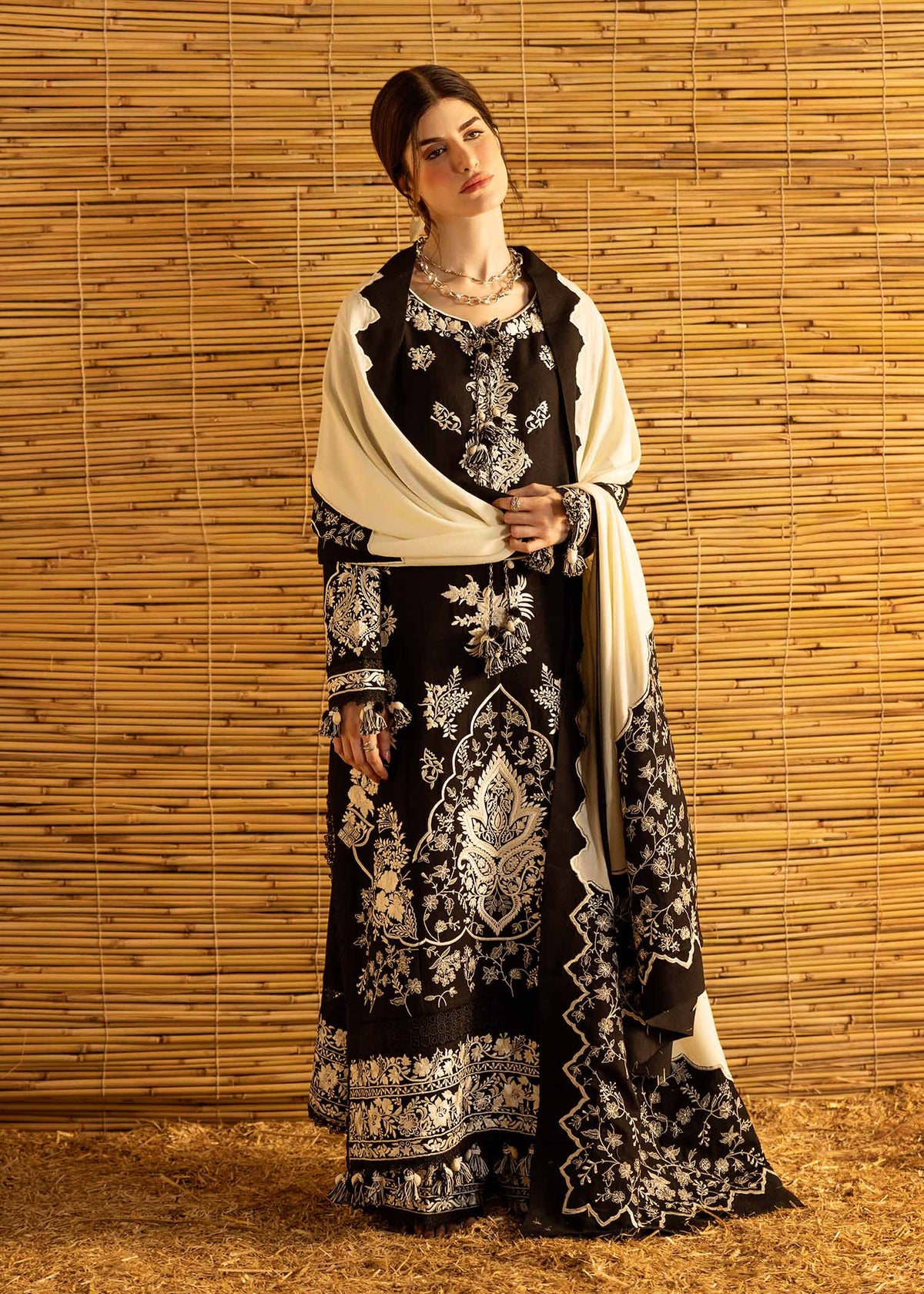 BATIK-3PC DHANAK EMBROIDERED SHIRT WITH DHANAK EMBROIDERED SHAWL AND TROUSER-BIC-5279