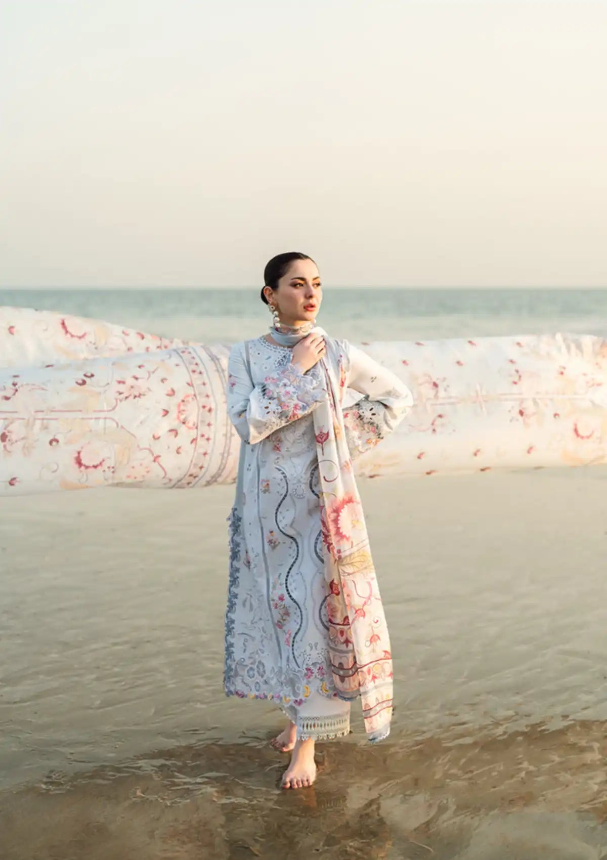 QALAMQAR - 3PC LAWN EMBROIDERED SHIRT WITH MONARK PRINTED DUPATTA AND TROUSER-BIC-3663