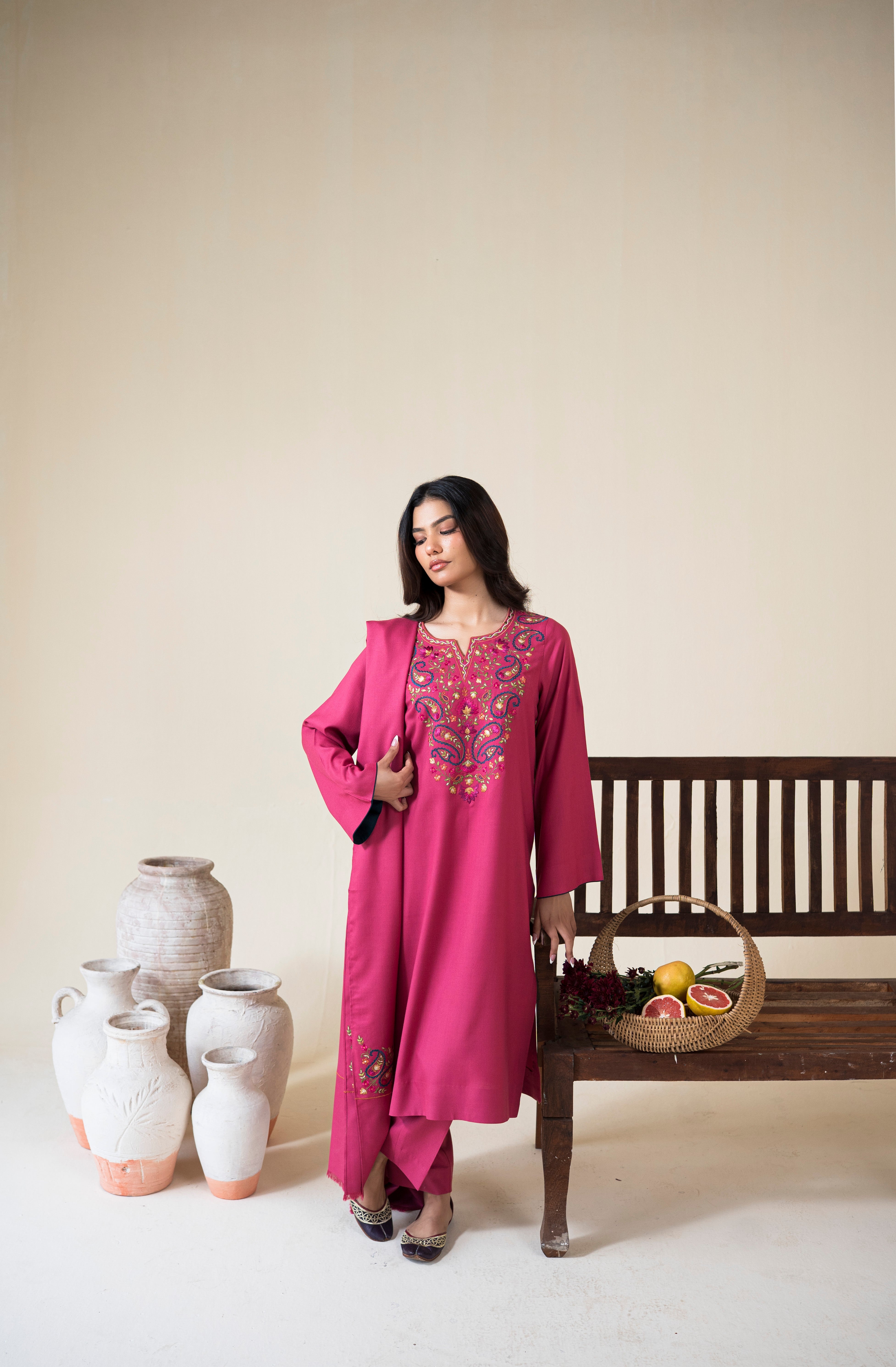 ASLING-3PC DHANAK EMBROIDERED SHIRT WITH DHANAK EMBROIDERED SHAWL AND TROUSER-BIC-4420