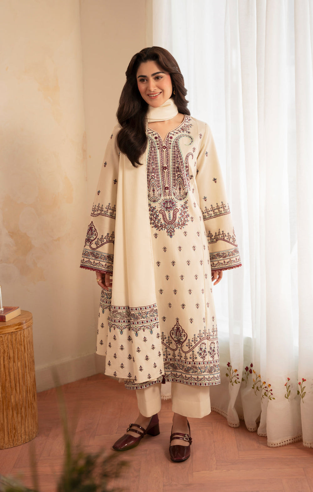 ZARA SHAHJAHAN-3PC DHANAK EMBROIDERED SHIRT WITH DHANAK EMBROIDERED SHAWL AND EMB TROUSER-BIC-5153