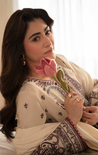 ZARA SHAHJAHAN-3PC DHANAK EMBROIDERED SHIRT WITH DHANAK EMBROIDERED SHAWL AND EMB TROUSER-BIC-5153