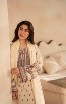 ZARA SHAHJAHAN-3PC DHANAK EMBROIDERED SHIRT WITH DHANAK EMBROIDERED SHAWL AND EMB TROUSER-BIC-5153