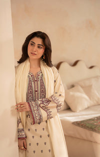 ZARA SHAHJAHAN-3PC DHANAK EMBROIDERED SHIRT WITH DHANAK EMBROIDERED SHAWL AND EMB TROUSER-BIC-5153