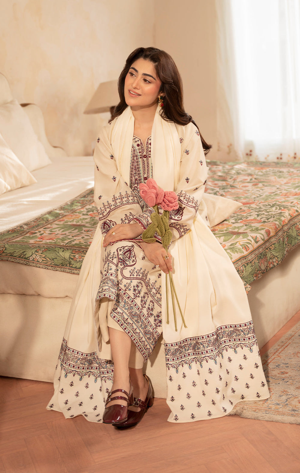 ZARA SHAHJAHAN-3PC DHANAK EMBROIDERED SHIRT WITH DHANAK EMBROIDERED SHAWL AND EMB TROUSER-BIC-5153