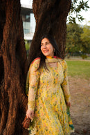 ANEELAS-3PC LAWN PRINTED EMB FROCK WITH SILK PRINTED EMB DUPATTA AND DYED TROUSER-BIC-038
