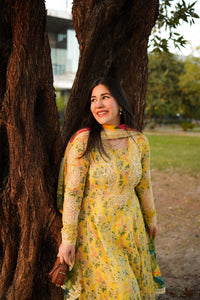 ANEELAS-3PC LAWN PRINTED EMB FROCK WITH SILK PRINTED EMB DUPATTA AND DYED TROUSER-BIC-038