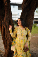ANEELAS-3PC LAWN PRINTED EMB FROCK WITH SILK PRINTED EMB DUPATTA AND DYED TROUSER-BIC-038