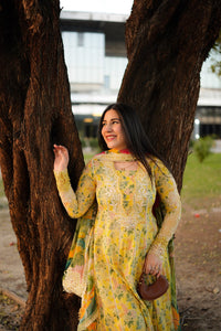 ANEELAS-3PC LAWN PRINTED EMB FROCK WITH SILK PRINTED EMB DUPATTA AND DYED TROUSER-BIC-038