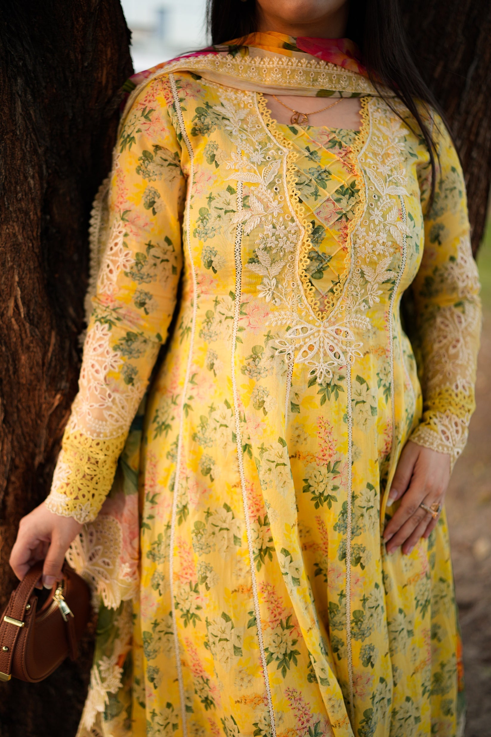 ANEELAS-3PC LAWN PRINTED EMB FROCK WITH SILK PRINTED EMB DUPATTA AND DYED TROUSER-BIC-038