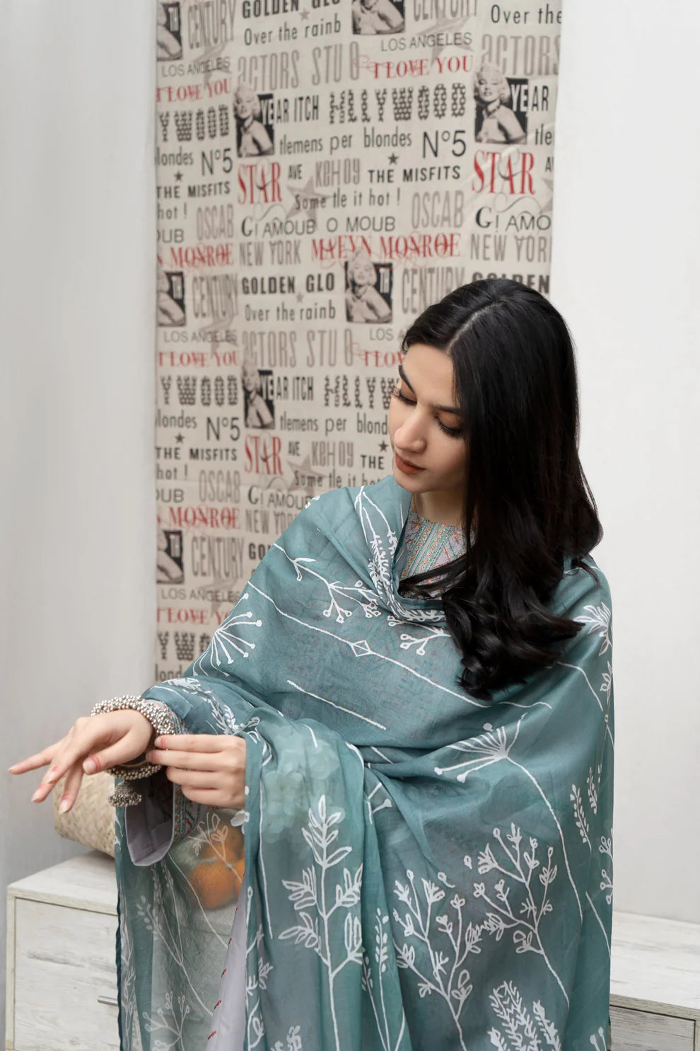 URGE-3PC DHANAK EMBROIDERED SHIRT WITH COUTRAI WOOL PRINTED SHAWL & EMB TROUSER-BIC-4007