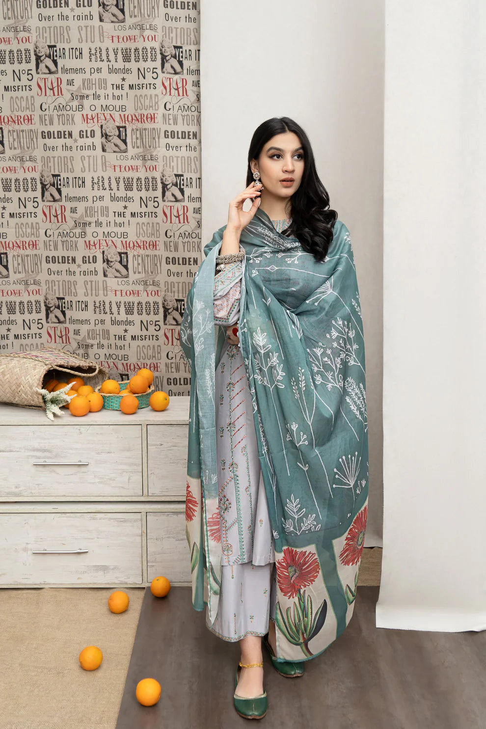 URGE-3PC DHANAK EMBROIDERED SHIRT WITH COUTRAI WOOL PRINTED SHAWL & EMB TROUSER-BIC-4007