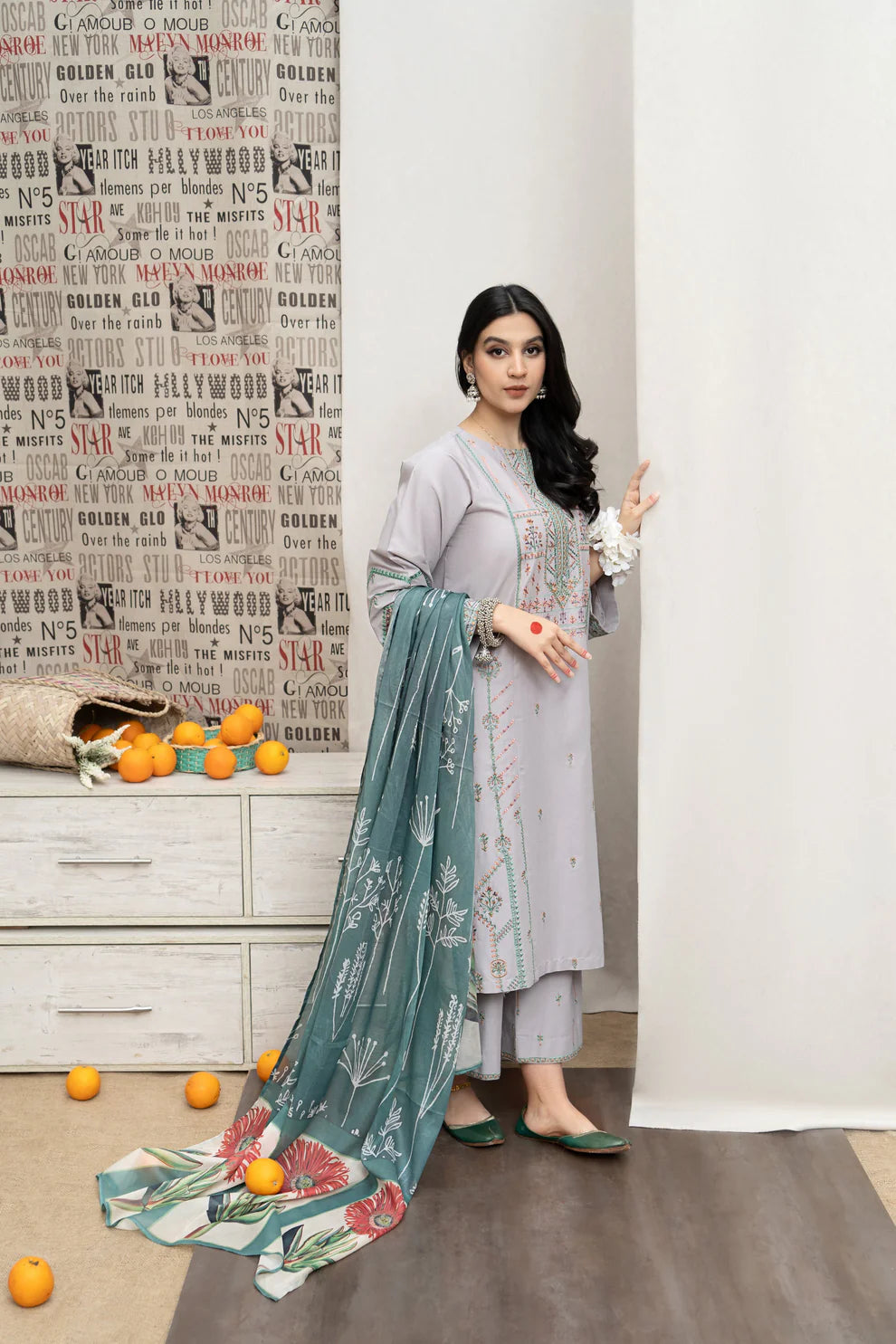 URGE-3PC DHANAK EMBROIDERED SHIRT WITH COUTRAI WOOL PRINTED SHAWL & EMB TROUSER-BIC-4007