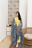 URGE-3PC DHANAK EMBROIDERED SHIRT WITH COUTRAI WOOL PRINT SHAWL AND EMB TROUSER-BIC-4013