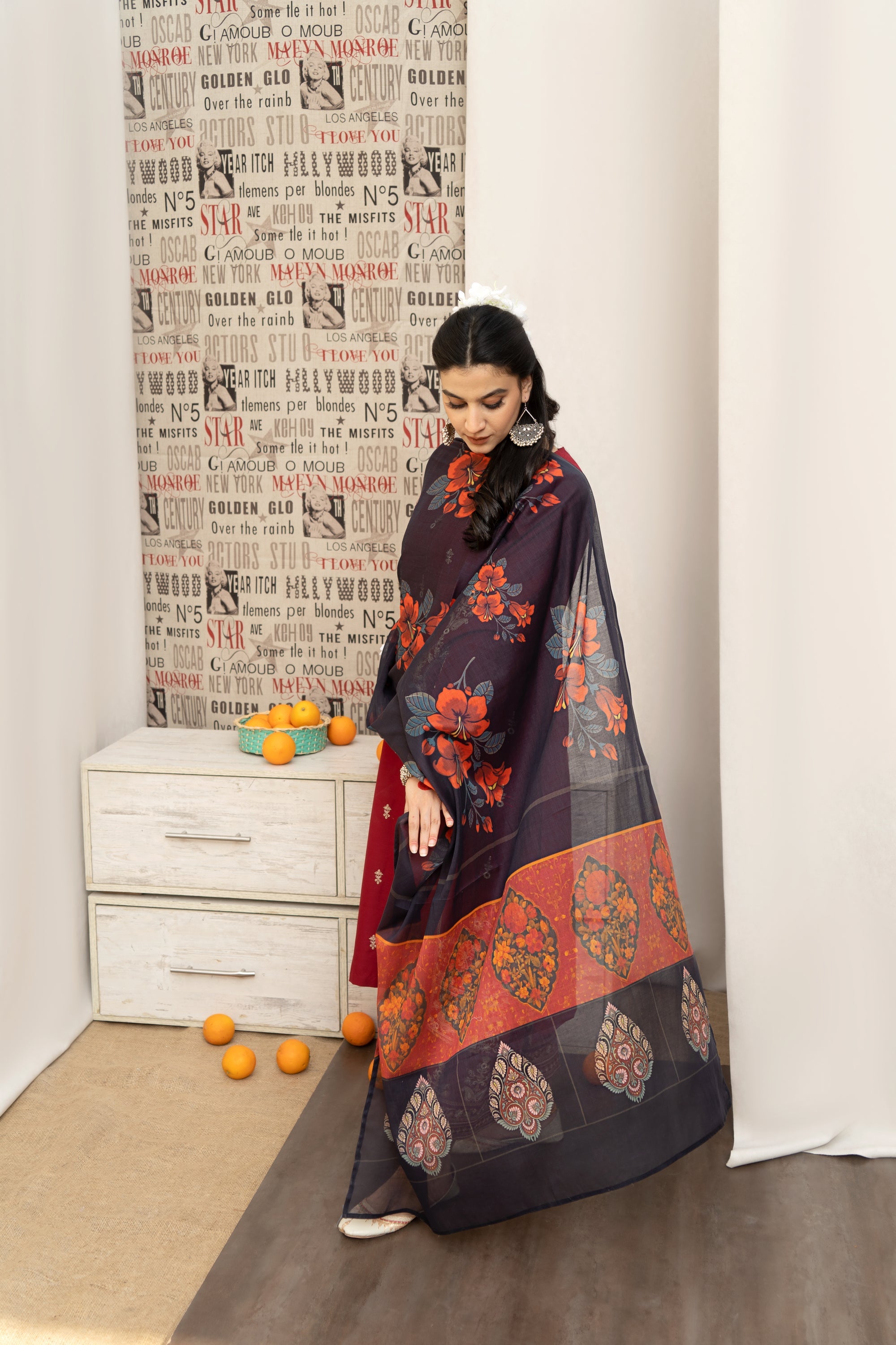 URGE-3PC DHANAK EMBROIDERED SHIRT WITH COUTRAI PRINTED SHAWL AND EMB TROUSER-BIC-4059