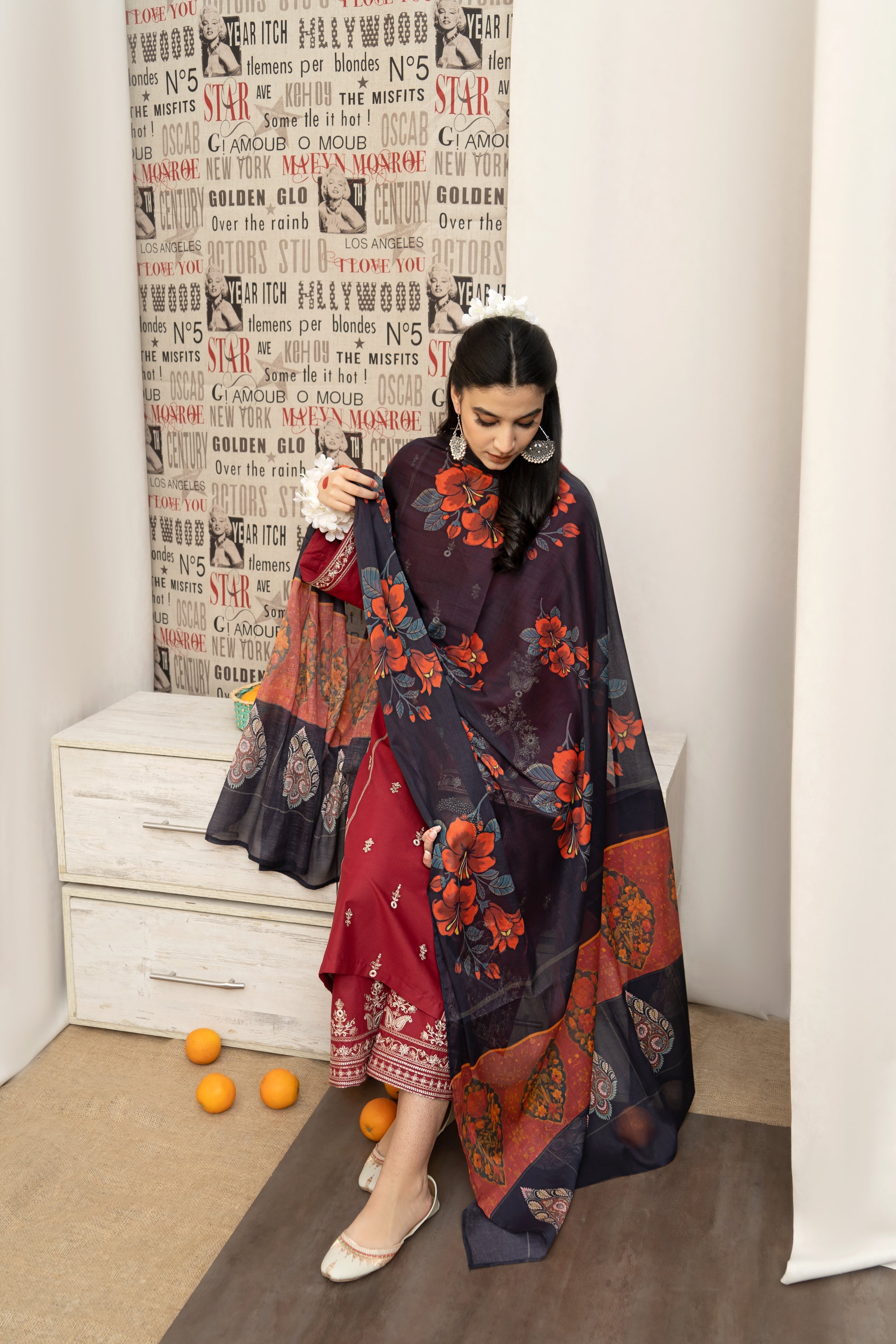 URGE-3PC DHANAK EMBROIDERED SHIRT WITH COUTRAI PRINTED SHAWL AND EMB TROUSER-BIC-4059