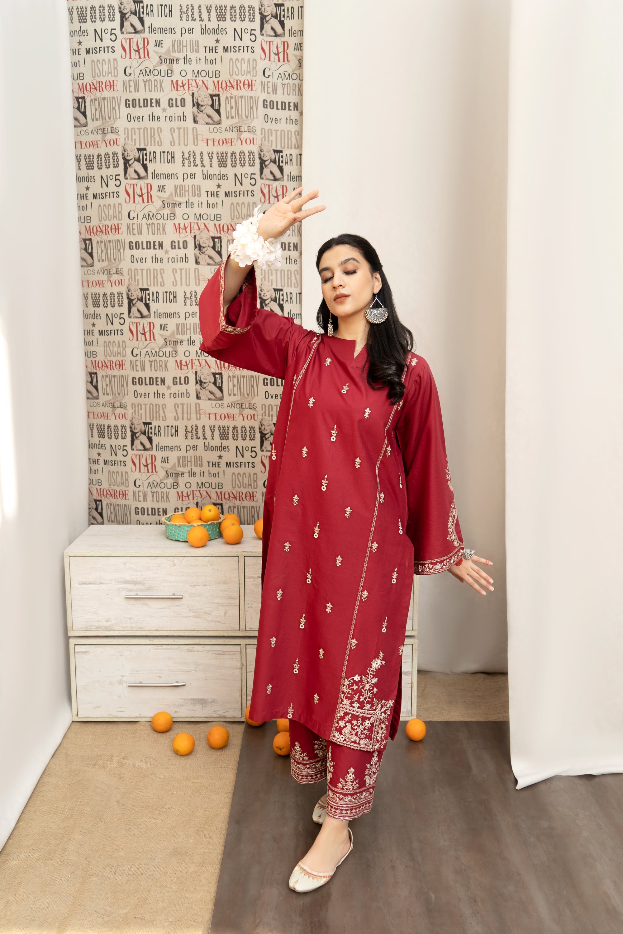 URGE-3PC DHANAK EMBROIDERED SHIRT WITH COUTRAI PRINTED SHAWL AND EMB TROUSER-BIC-4059