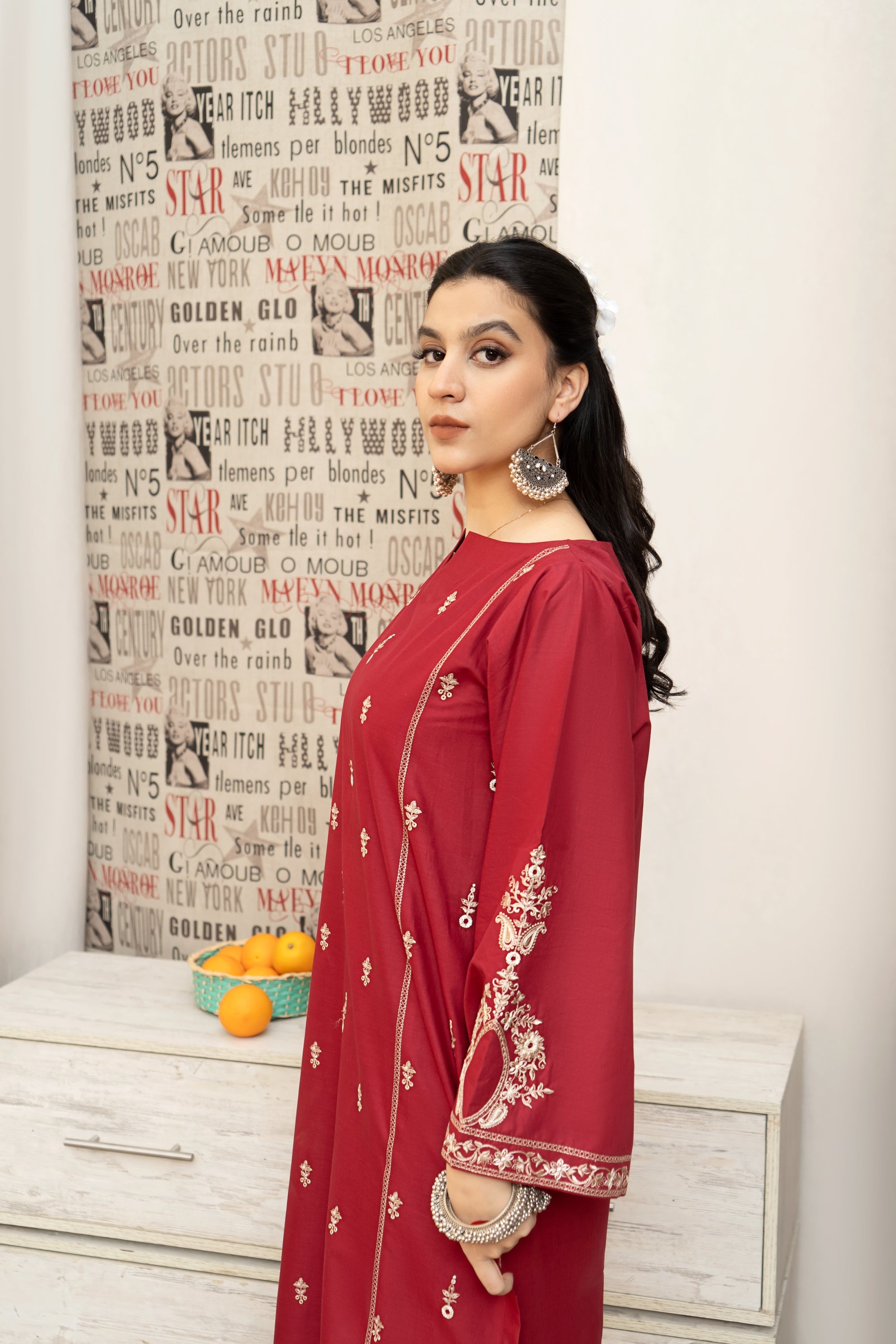 URGE-3PC DHANAK EMBROIDERED SHIRT WITH COUTRAI PRINTED SHAWL AND EMB TROUSER-BIC-4059